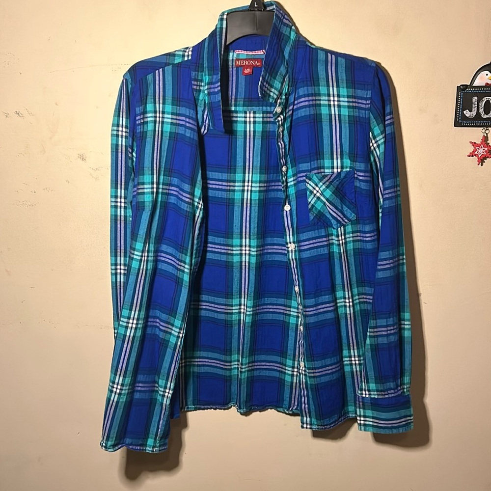 Blue green plaid button down long sleeve merona shirt